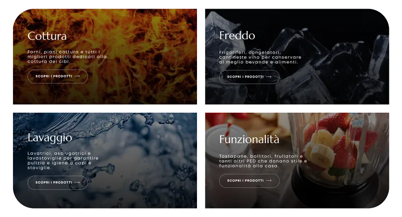 Sezione delle categorie di prodotti del sito Nova Inox: cottura, freddo, lavaggio e funzionalità.