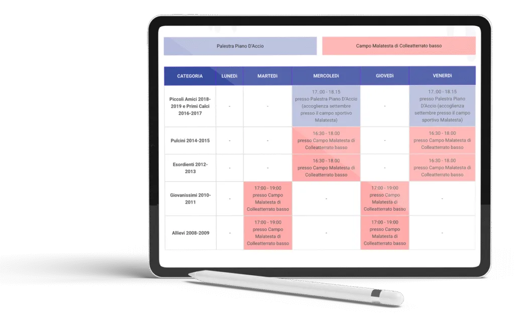 Anteprima sezione allenamenti versione tablet